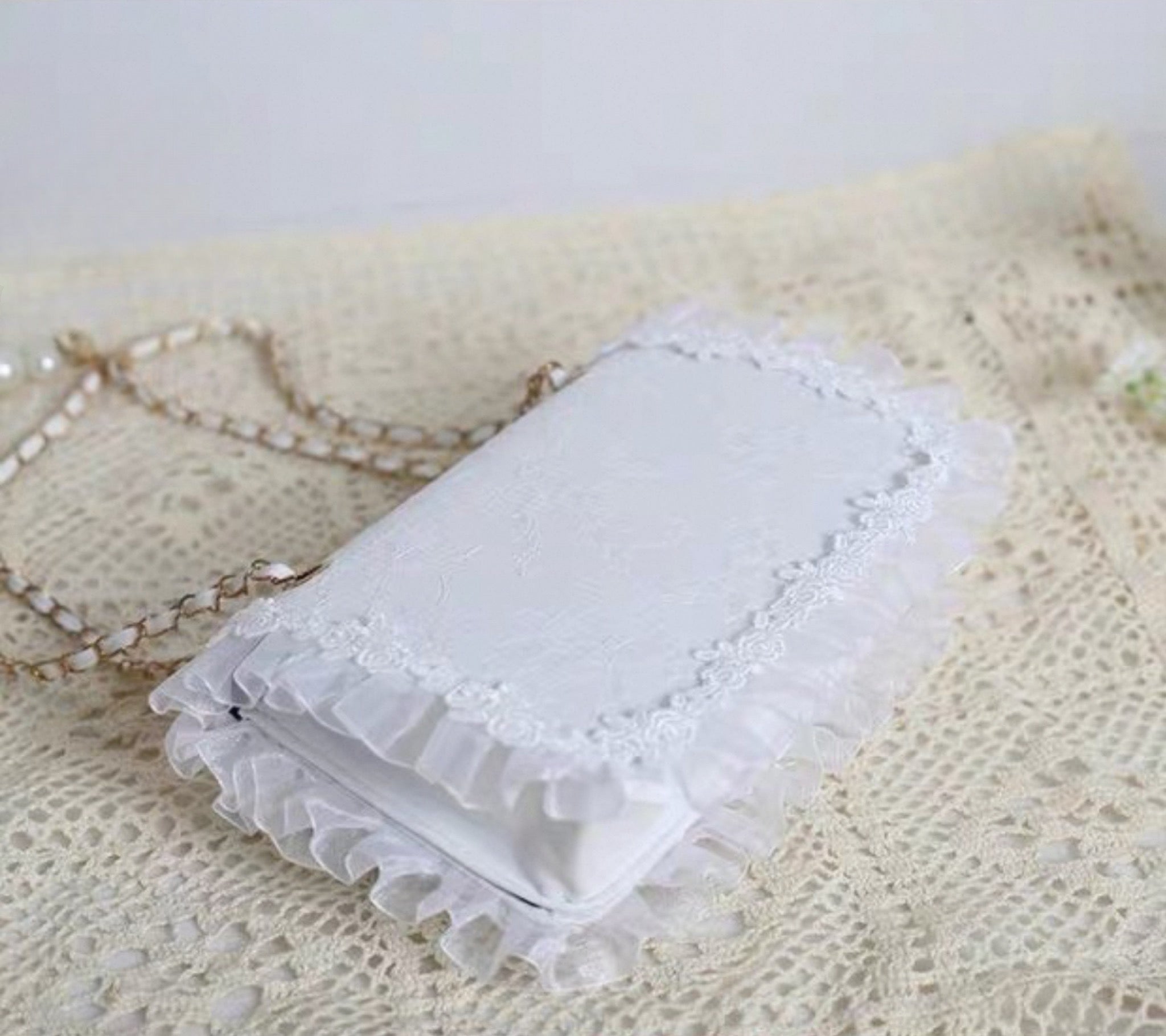 Sweet Lolita Lace Bow Shoulder Bag with Pearl Chain Handmade Japanese JK Crossbody Purse